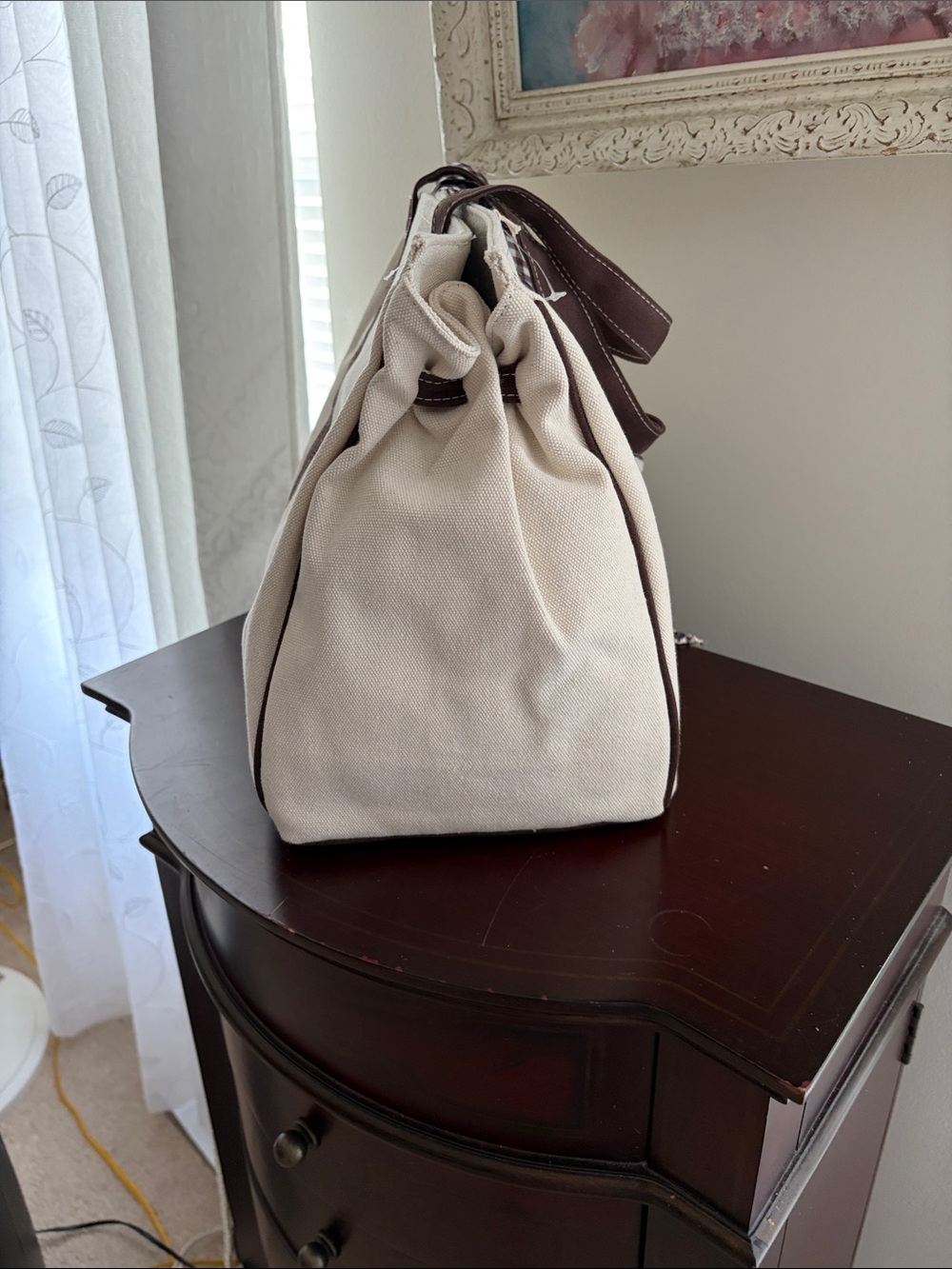 Canvas Tote Bag with Brown Trim and Bear Charm - Picture 2 of 5